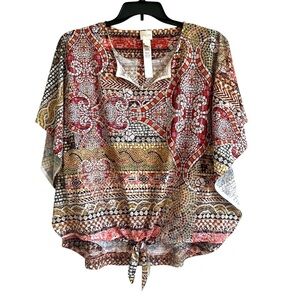 2/$30 Chico's Relaxed Dolman Sleeve Jeweled Patterned Blouse Chicos Size 2 = L
